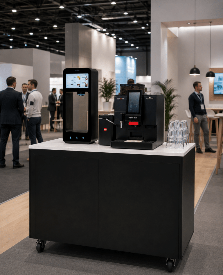 Schaerer koffiemachine met Aquablu watertap op de beursstand