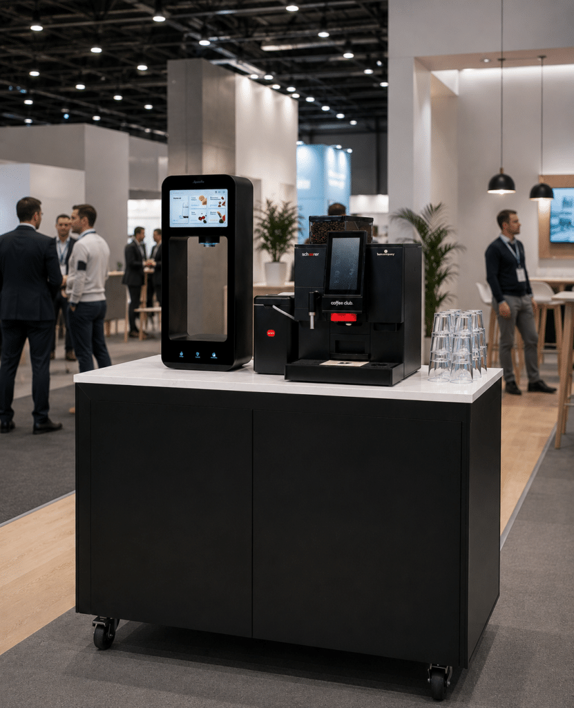 Schaerer koffiemachine met Aquablu watertap op de beursstand