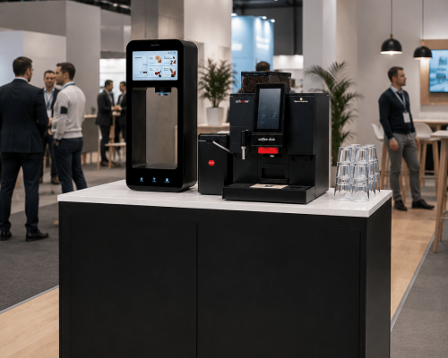 Schaerer koffiemachine met Aquablu watertap op de beursstand